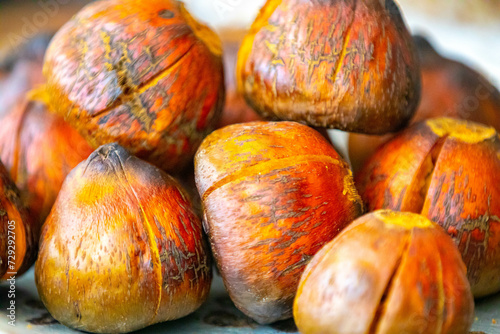 Roasted fruit of the pupunha palm (Bactris gasipaes), typical fruit of the Brazilian tropical forests, Amazonas, Pará, Rondônia and Acre. photo