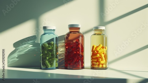 shadow from window falls on cans with colored pills. bio additives and vitamins