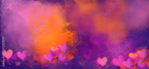 bordure de cœurs, violet sur un fond violet et orange (couleurs complémentaires) avec espace négatif pour texte. St Valentin, amour, fête mère, père, grand-mère, grand-père, anniversaire 