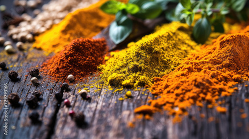 Colourful spices on a wooden table