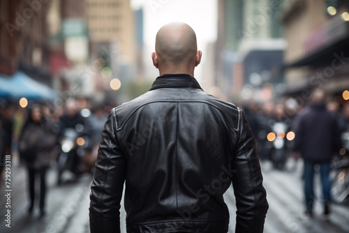 Back view of neo nazi with shaved heads and leather jacket in city street photo