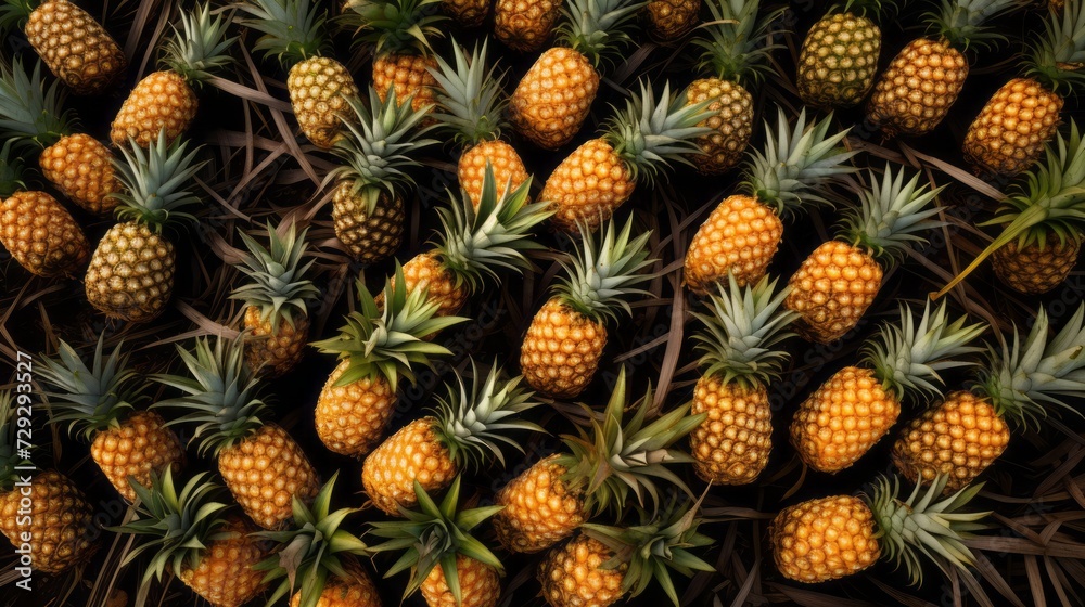 Top view of many ripe freshly picked pineapples with leaves. Texture from a new fruit harvest. Top view of many ripe freshly picked pineapples with leaves. Texture from a new fruit harvest.