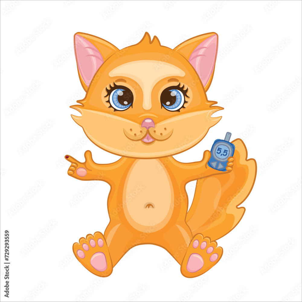 Cute little fox with diabetes.Cartoon character with glucometer, syringe pen, hypoglycemia and sugar, glucose measurement sensor.Vector illustration for kids, products, stickers, advertising banners. Cute little fox with diabetes.Cartoon character with glucometer, syringe pen, hypoglycemia and sugar, glucose measurement sensor.Vector illustration for kids, products, stickers, advertising banners.