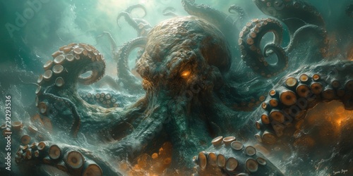 Kraken is a mythological sea monster in the form of a giant octopus that can attack fishing boats. ai generated © nahwul