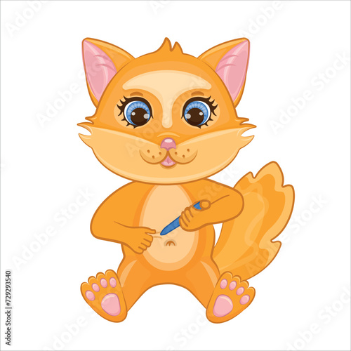 Cute little fox with diabetes.Cartoon character with glucometer, syringe pen, hypoglycemia and sugar, glucose measurement sensor.Vector illustration for kids, products, stickers, advertising banners.