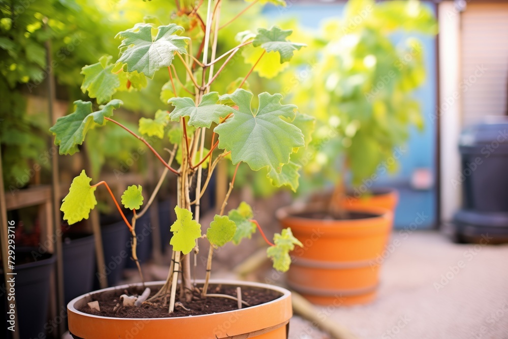 young grapevines in courtyard planters during a sunny day young grapevines in courtyard planters during a sunny day