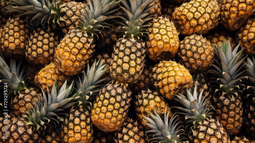 Close-up, Top view of many ripe freshly picked pineapples with leaves. Texture from a new fruit harvest.