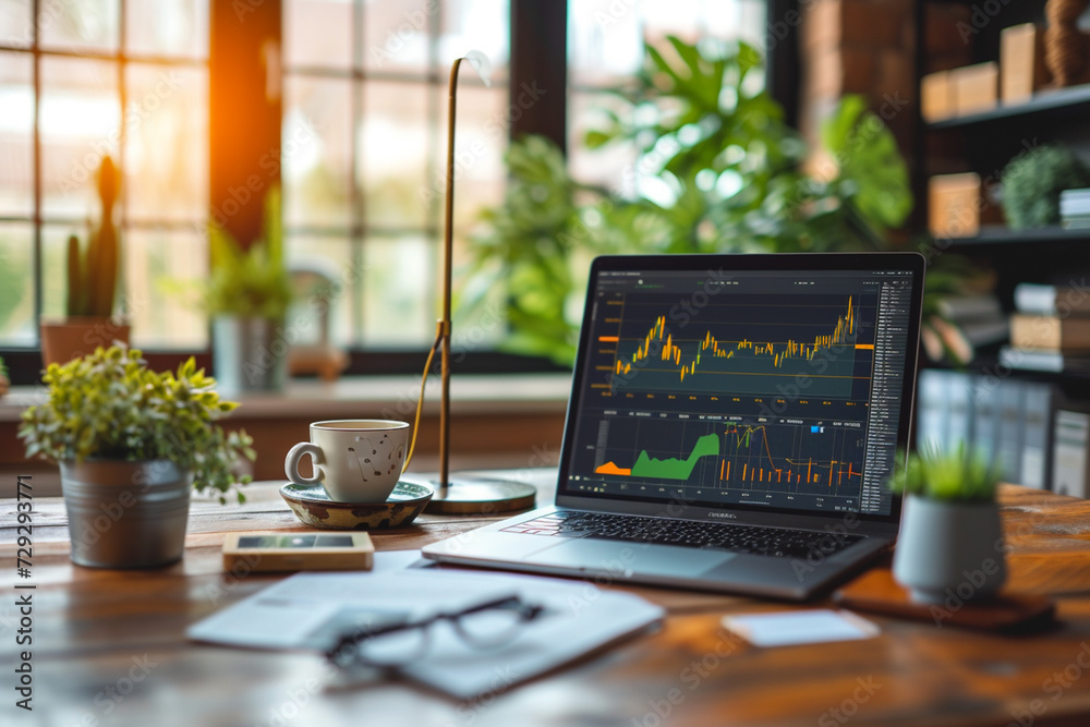 Business analyst reading charts and KPI graphs on monitor screen in green sustainable environment. Business analyst reading charts and KPI graphs on monitor screen in green sustainable environment.