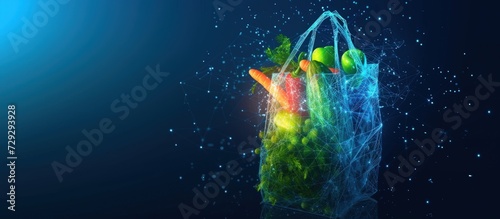 Futuristic 3d paper bag groceries with fruits and vegetables in dark blue background. AI generated photo