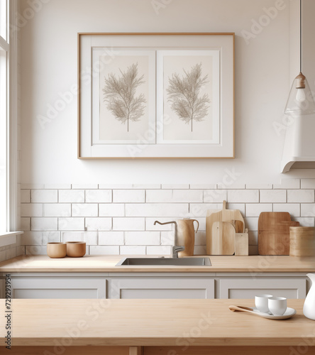 Mock-up tableau suspendu au mur d'une cuisine au dessus d'un meuble de cuisine évier, plan de travail, et table en bois avec ustensiles de cuisine planches et pots photo