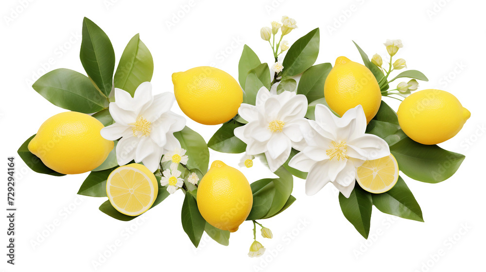 Lemon Tree Plant Collection: Digital Art 3D Isolated on Transparent Background for Garden Designs, Top View Flat Lay Perfume Botanicals