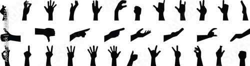 Hand gestures flat icon set. Included, fingers interaction, pinky swear, forefinger point, greeting, pinch, hand washing, emojis, gestures, stickers, emoticons black vector collection isolated photo