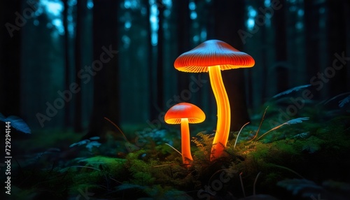 bioluminescent mushrooms glowing in a dark forest. beautiful neon golden mushrooms glowing in a dark forest. nature's beauty concept. 