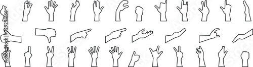 Hand gestures line icon set. Included, fingers interaction, pinky swear, forefinger point, greeting, pinch, hand washing, emojis, gestures, stickers, emoticons black vector collection isolated