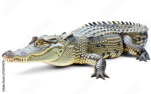 A detailed close-up of a crocodile, showcasing its textured skin and menacing appearance, isolated on a white background.