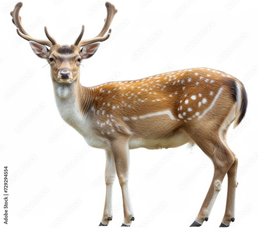 Naklejka premium A majestic spotted deer with impressive antlers, isolated on a white background.