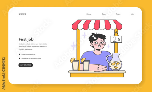 First job web banner or landing page. Guy make and sell citrus fresh lemonade making money. Teenager years life milestones. Teen boy getting old and gain new experience. Flat vector illustration