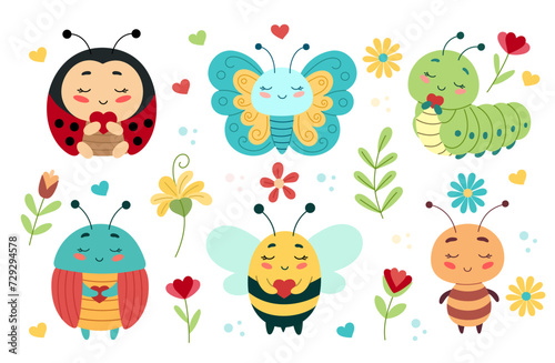 A set of cute cartoon insects which includes a ladybug, a butterfly, a caterpillar, a beetle, a bee, an ant. Vector illustration for children and toddlers, baby