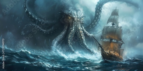 Kraken is a mythological sea monster in the form of a giant octopus that can attack fishing boats. ai generated #729294970