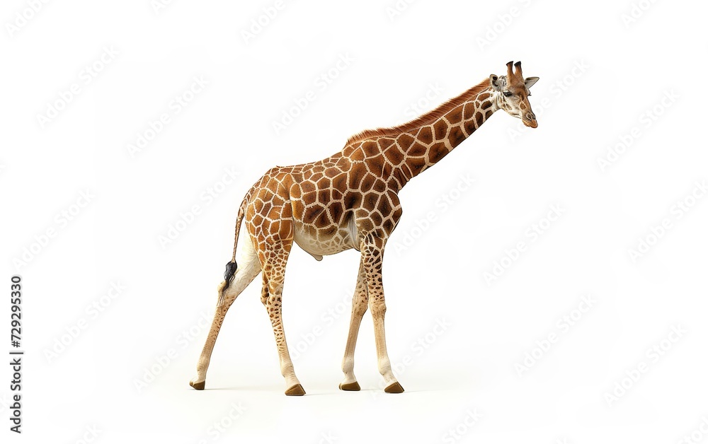 A giraffe stands gracefully, showcasing its long neck and distinctive spotted coat isolated on white background.