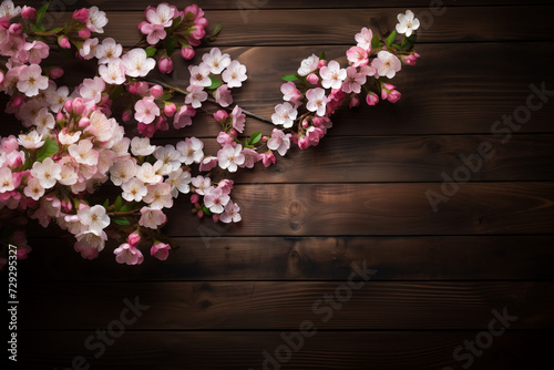 Branche de cerisier en fleur sur un fond en bois foncé, avec espace négatif texte, copyspace