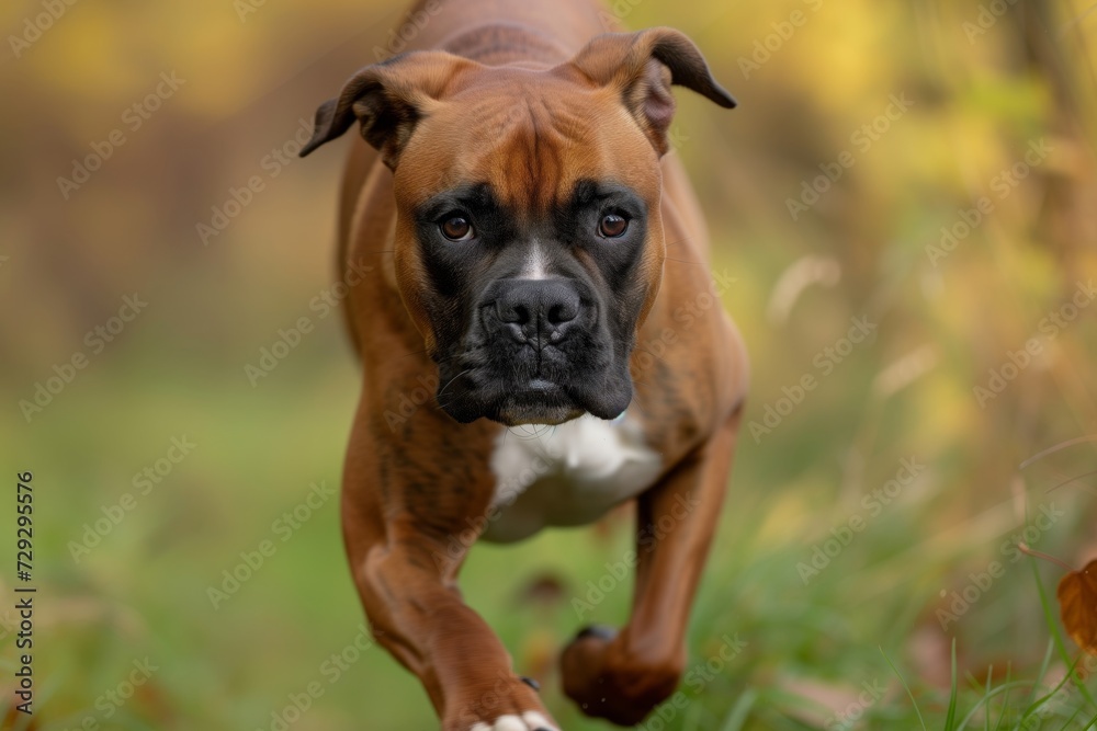 boxer dogs face closeup, determination as it runs forward