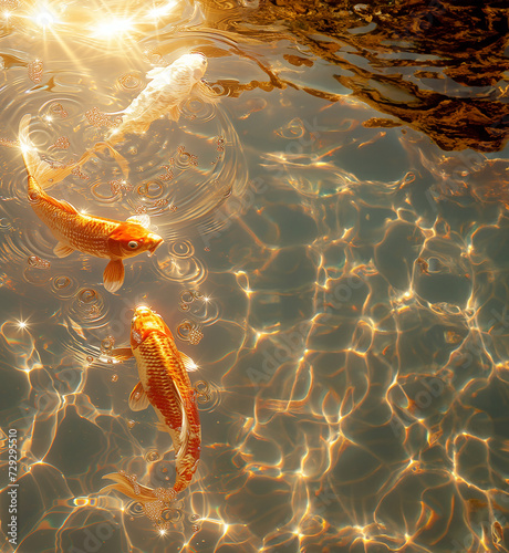 Poissons rouges dans un bassin avec les rayons rasants du soleil qui font scintiller l'eau et les écailles des poissons. photo