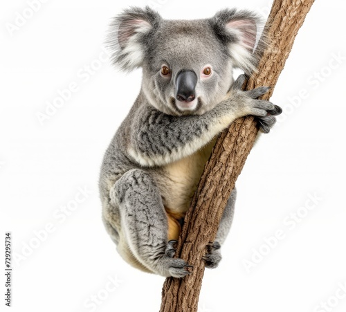 Cute koala bear clinging to a tree branch  isolated on white background.