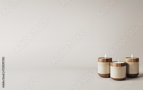Mock-up 3 bougies allumées avec des étiquettes vierges pour texte dans des pots en bois, sur fond blanc espace négatif pour texte copyspace. photo