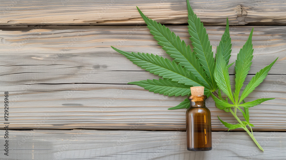 Εκτύπωση καμβά medical marijuana (cannabis, hemp) leaf  and a vintage glass jar on a wooden background
