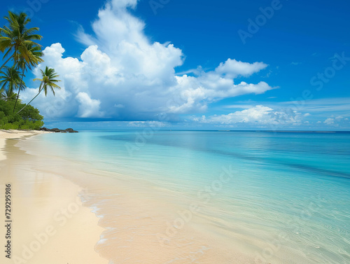 coconut palm, turquoise ocean, sandy beach. natural background, amazing landscape.