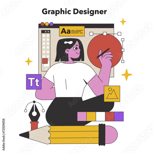 Innovative Graphic Designer. A focused professional sketches out bold ideas, blending typography and imagery for standout visual communication. Flat vector illustration.