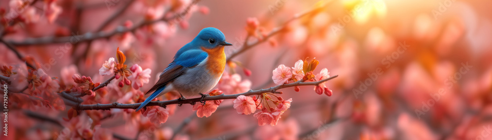 spring natural background with little cute blue bird tit sitting in may garden on a branch of cherry blossom tree with pink fragrant buds spring natural background with little cute blue bird tit sitting in may garden on a branch of cherry blossom tree with pink fragrant buds