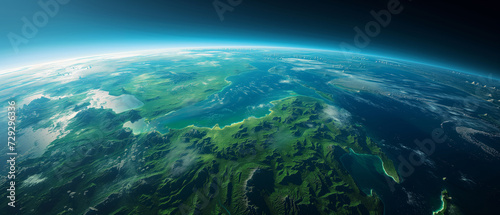 panoramic view from space, showing Earth entirely covered in lush green vegetation, emphasizing the planet's natural beauty and the abundance of greenery