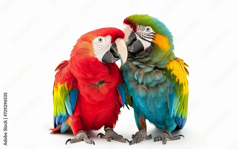 Two vibrant, colorful parrots interacting, showcasing their bright red, green, blue and yellow feathers isolated on white background.