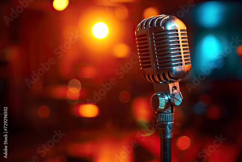 An old microphone stands alone on a stage in a theater or stand-up room