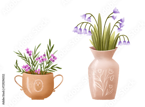 A set of beautiful blooming flowers in decorative vases. Spring flowers. Bouquet in a vase. Hand drawn illustration on isolated background