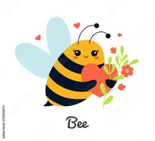 Cute insect bee with heart for Valentine day  cartoon character vector illustration