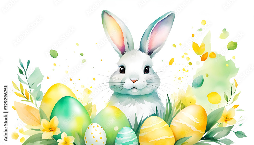 Cute easter bunny with easter eggs spring isolated on white digital art illustration