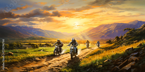 Motorcycle caravan drawing In nature there are mountains, sunlight, rivers, rural atmosphere. photo