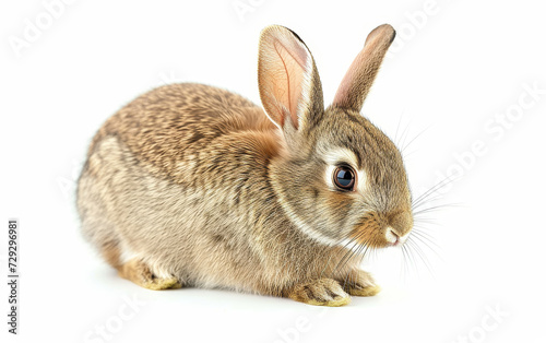 A cute brown rabbit with large ears and bright eyes  isolated on a white background.