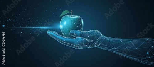 Digital futuristic human hand holding an apple isolated on dark blue background. AI generated image