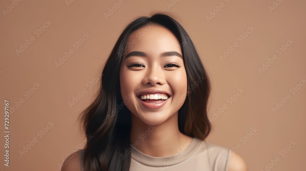Smile That Lights Up, the sheer delight of a young woman is evident in her big, beaming smile that lights up the frame against a solid studio background. Generative AI. Smile That Lights Up, the sheer delight of a young woman is evident in her big, beaming smile that lights up the frame against a solid studio background. Generative AI.