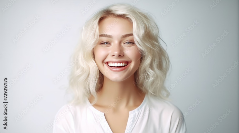Smile That Lights Up, the sheer delight of a young woman is evident in her big, beaming smile that lights up the frame against a solid studio background. Generative AI. Smile That Lights Up, the sheer delight of a young woman is evident in her big, beaming smile that lights up the frame against a solid studio background. Generative AI.