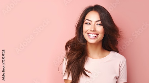 Smile That Lights Up  the sheer delight of a young woman is evident in her big  beaming smile that lights up the frame against a solid studio background. Generative AI.