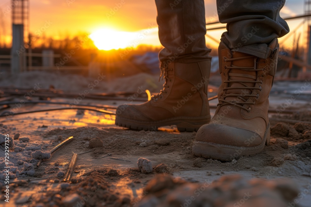 heavy boots trudging through unfinished site in sunset light