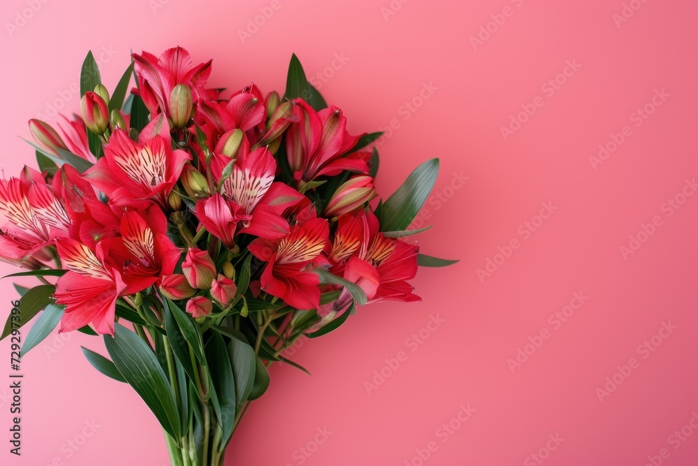 Bouquet of red alstroemeria flowers on pink background