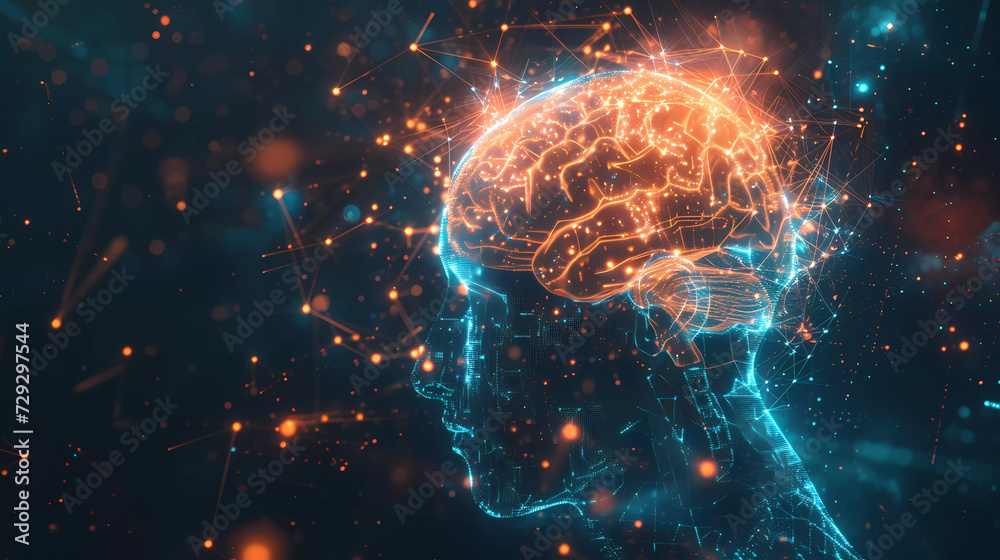 Abstract human head with red luminous brain and network dot,Neuroscientist ,Machine learning,Deep learning.Artificial intelligence concept. Abstract human head with red luminous brain and network dot,Neuroscientist ,Machine learning,Deep learning.Artificial intelligence concept.