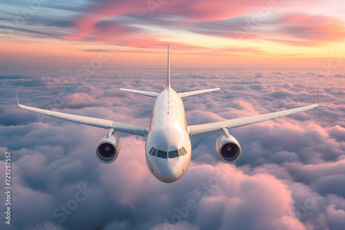 Commercial airplane flying above clouds at sunset. Travel content.