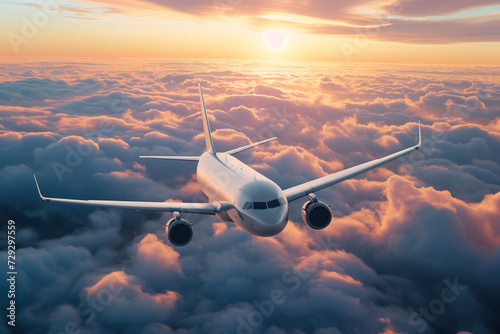 Commercial airplane flying above clouds at sunset. Travel content.